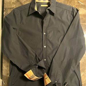 Authentic Burberry Men’s Black Button Down With Burberry Check Trim